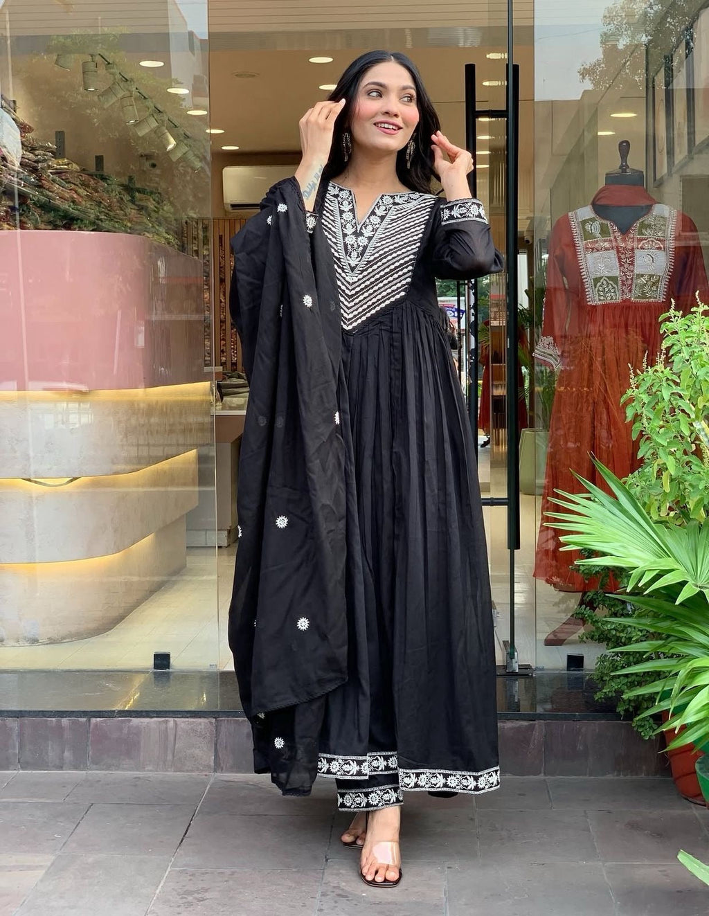 Premium Cotton Designer Thread Embroidered Anarkali Suit Set