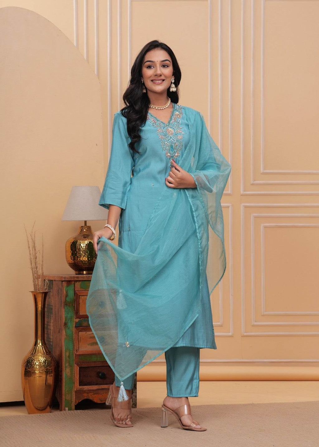 Modal Silk suit with organza dupatta