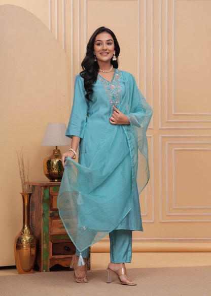 Modal Silk suit with organza dupatta