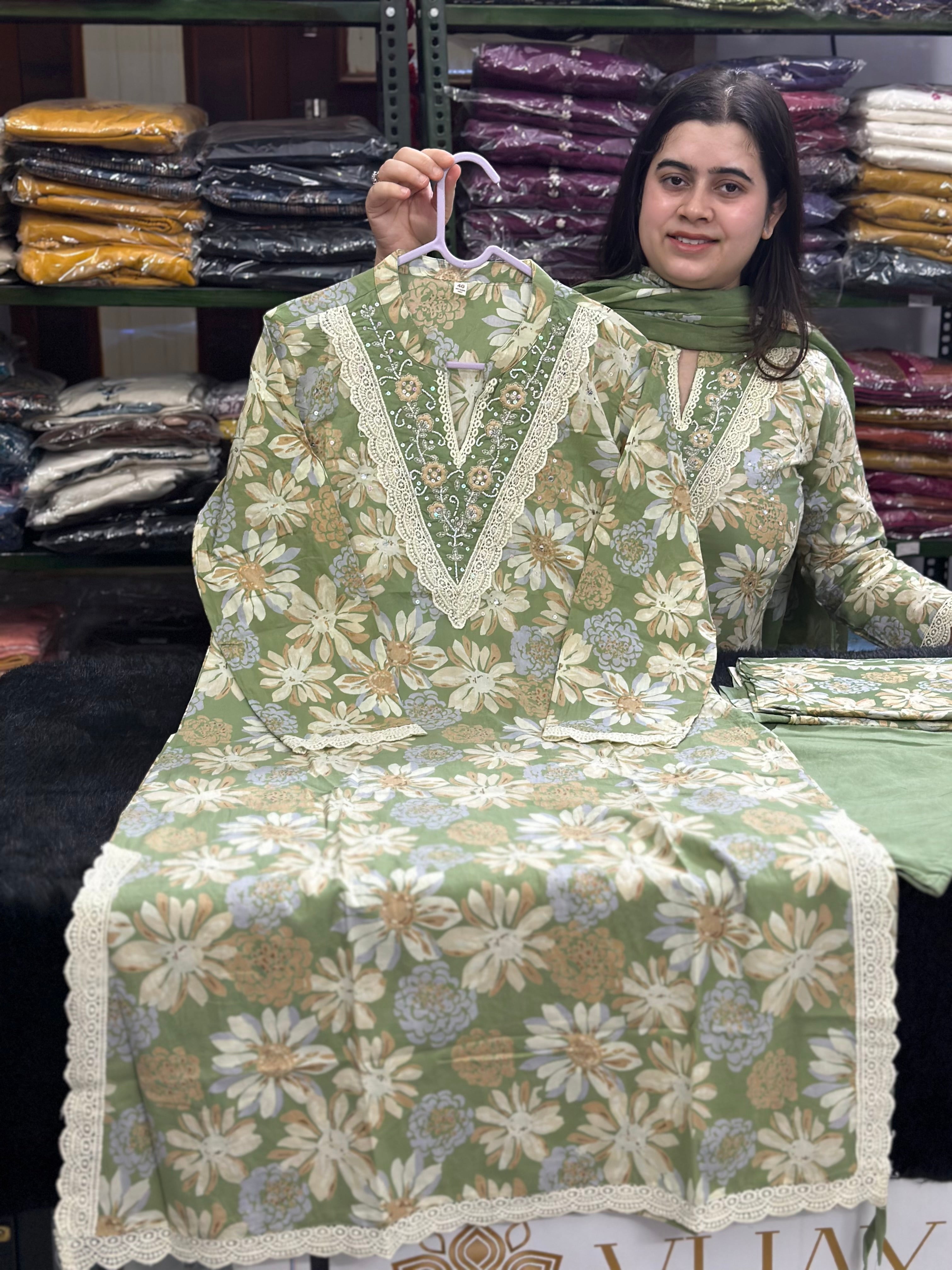 Luxury Floral Cotton Embroidery Suit Set