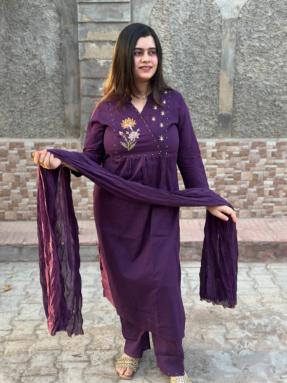 Cotton kurta set for women with dupatta Purple