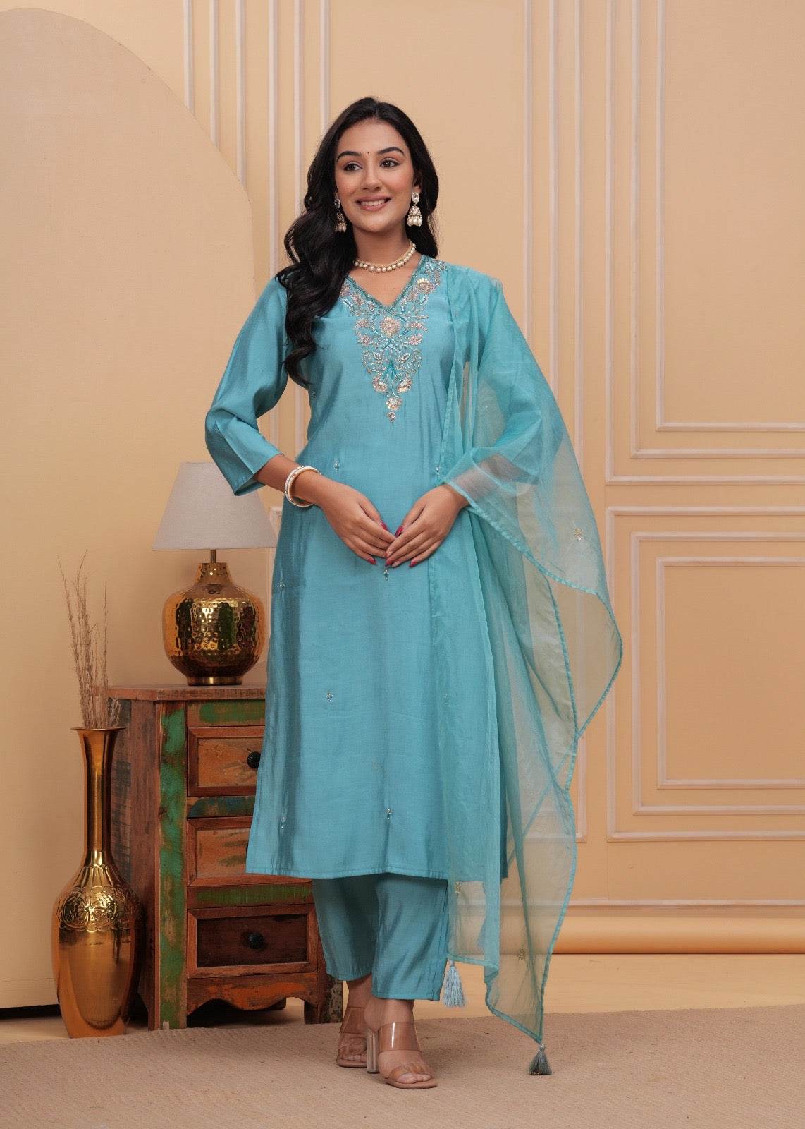 Modal Silk suit with organza dupatta