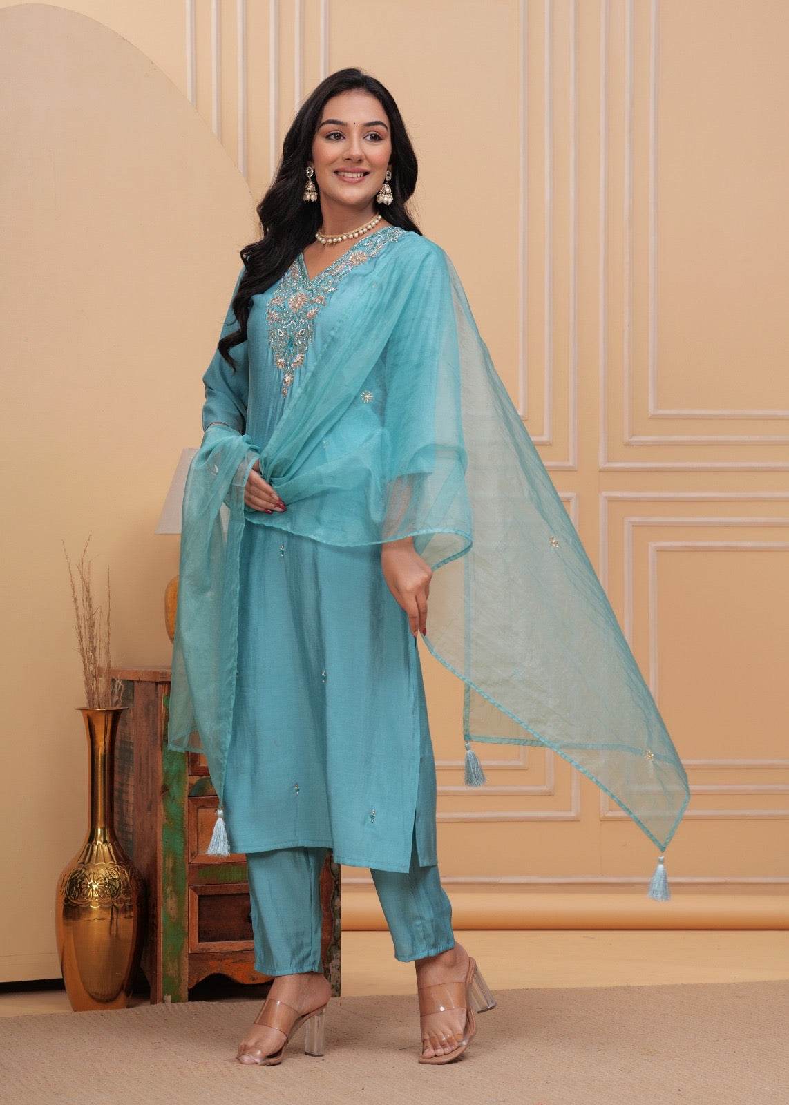 Modal Silk suit with organza dupatta