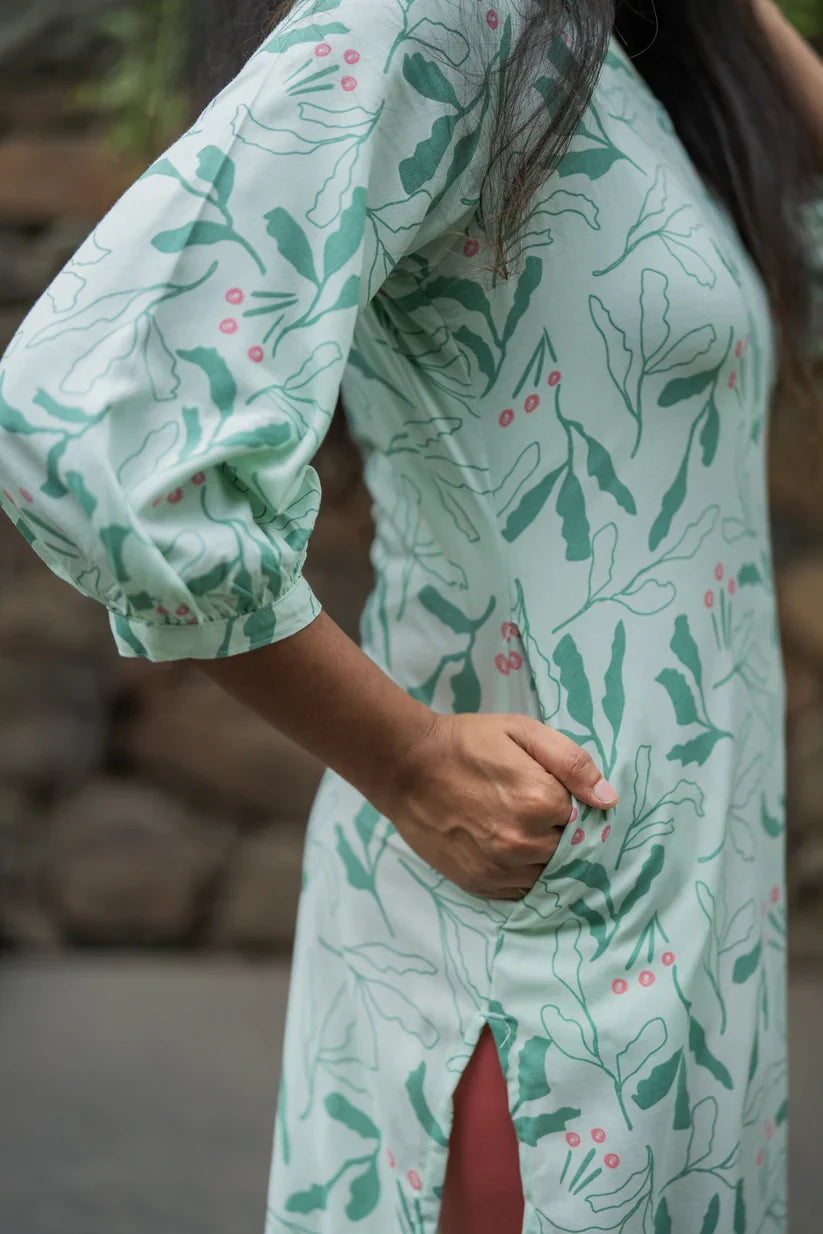Green Leafy Leaves Viscose Printed Kurta