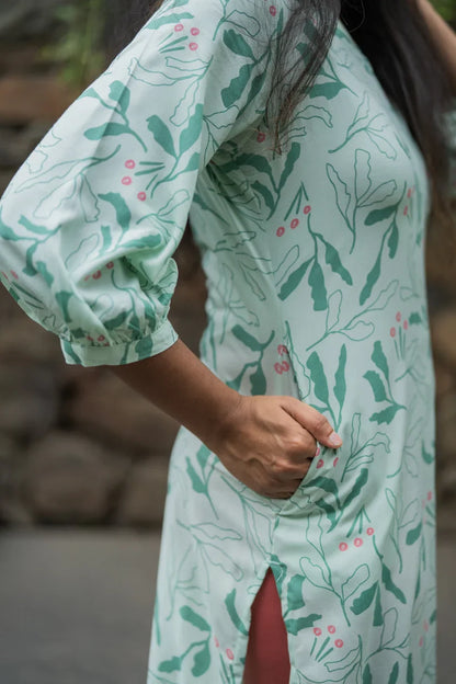 Green Leafy Leaves Viscose Printed Kurta