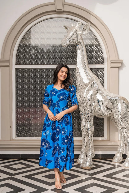 Royal Blue Vivid Blooms Viscose Printed Dress
