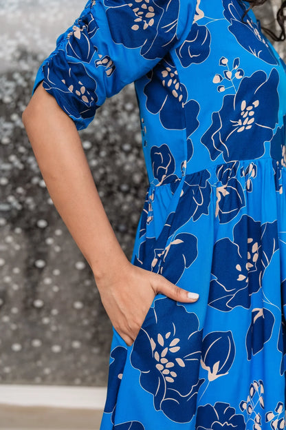 Royal Blue Vivid Blooms Viscose Printed Dress