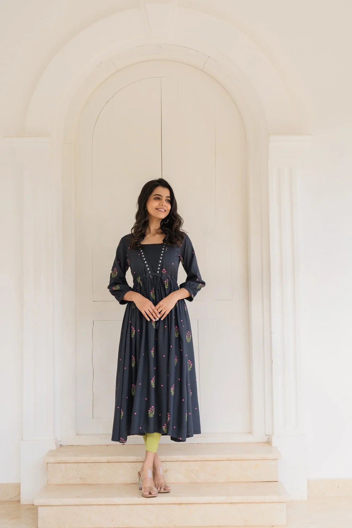 Black Ebony Flora Viscose Mirror Embroidery Dress