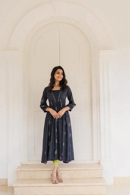 Black Ebony Flora Viscose Mirror Embroidery Dress