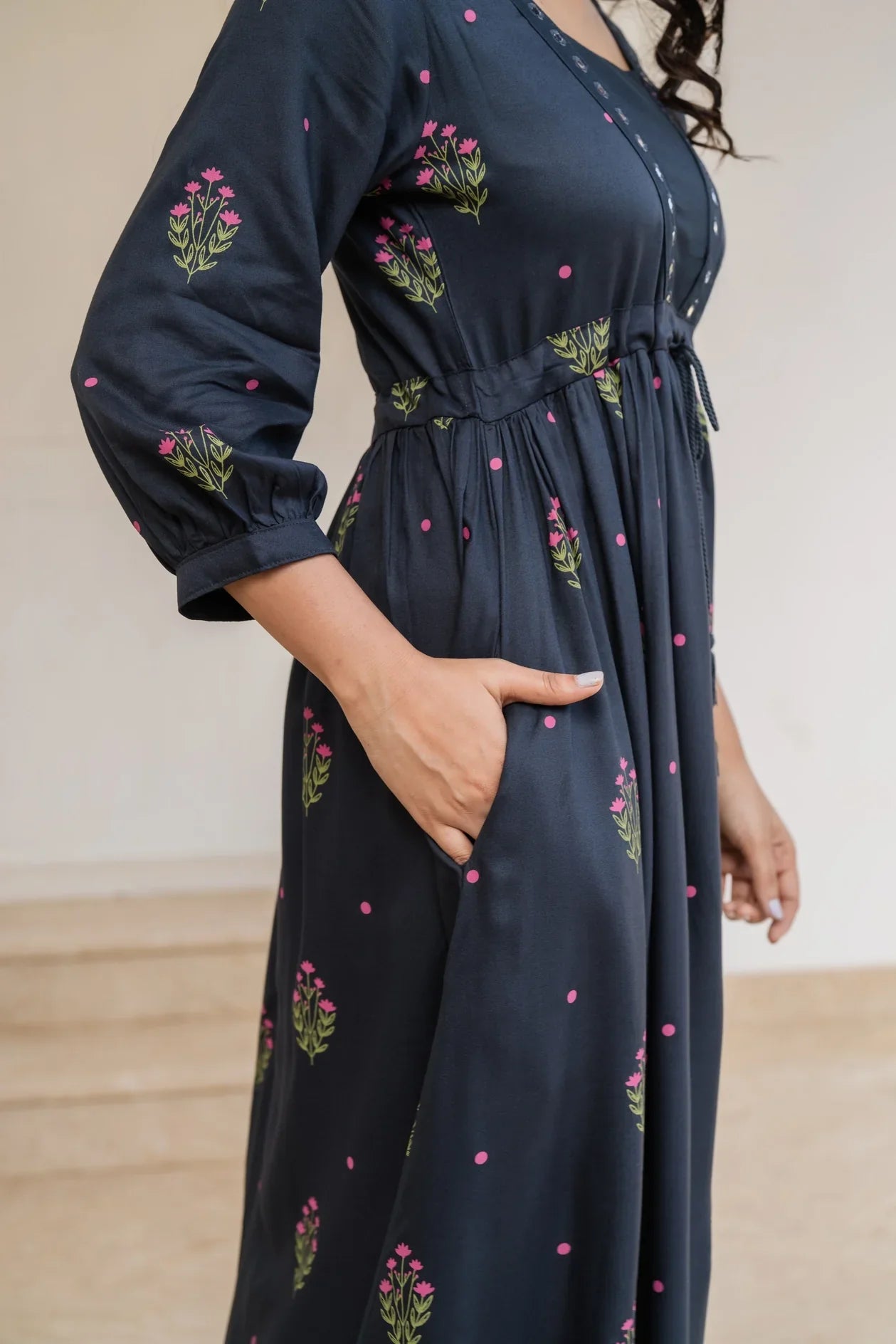 Black Ebony Flora Viscose Mirror Embroidery Dress