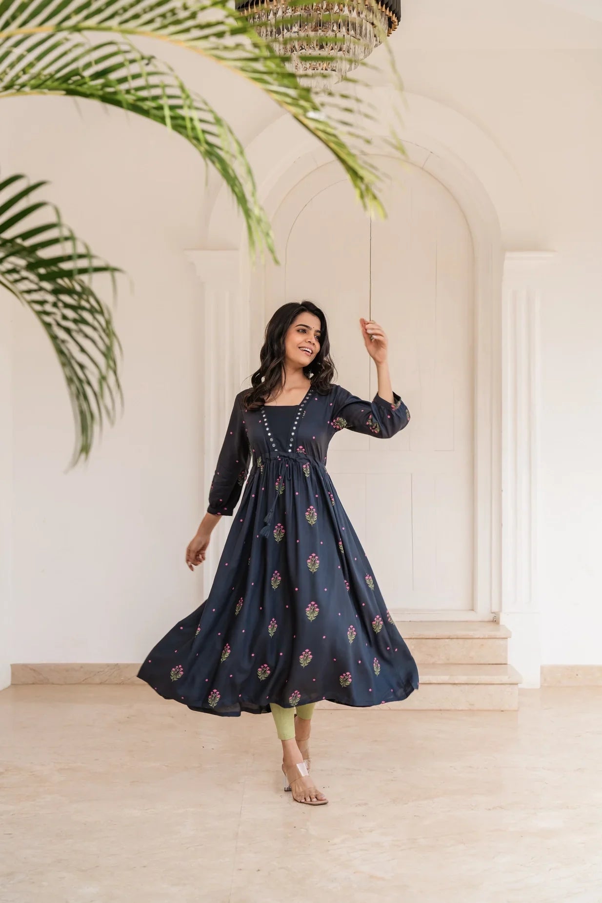 Black Ebony Flora Viscose Mirror Embroidery Dress