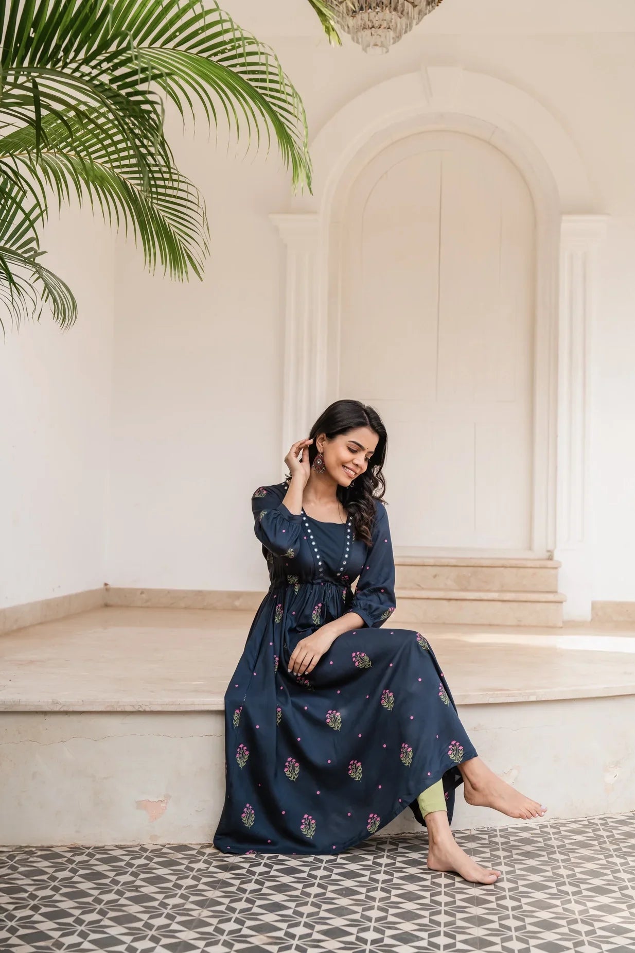 Black Ebony Flora Viscose Mirror Embroidery Dress