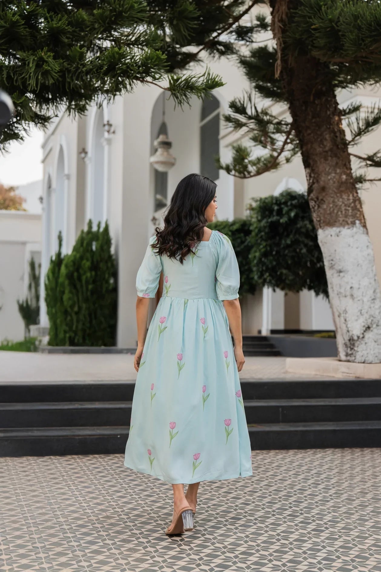 Floral Blue Tulip Popover Viscose Printed Dress