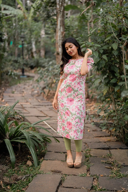 Beige Into the Blossom Printed Viscose Kurta