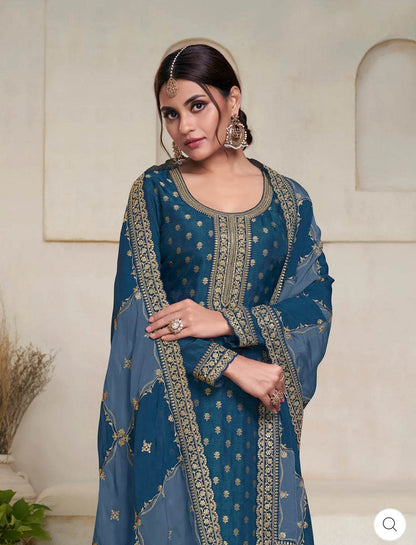 Dark Blue Dola Jacquard Banarasi Suit Set