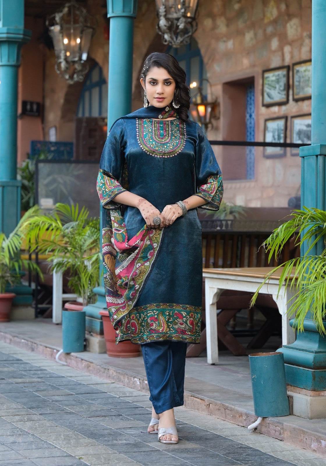 Soft Gajji Silk Suit For Women Peacock