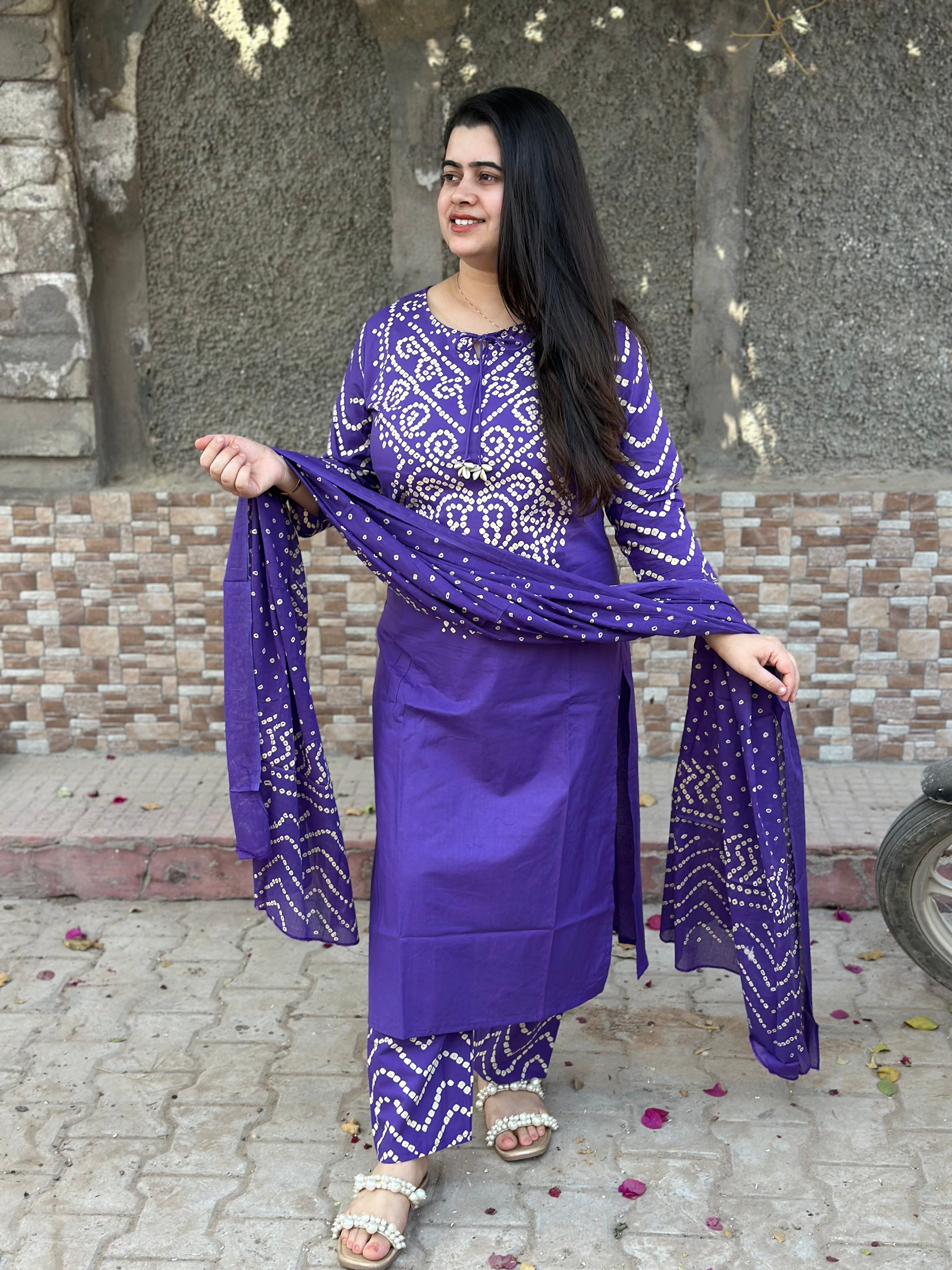 Amayra Cotton Kurta Embroidery Work Kurti Pant And Dupatta -purple
