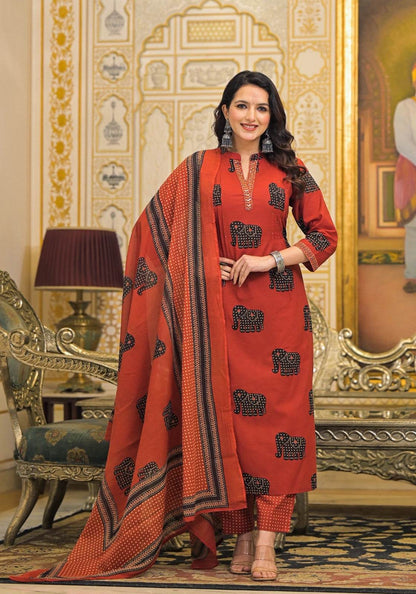 Vijaylaxmi Women’s Cotton straight kurta with Pant & Dupatta
