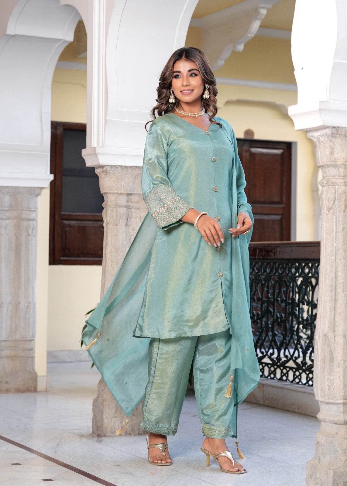 Shimmer Silk suit For Women Aqua