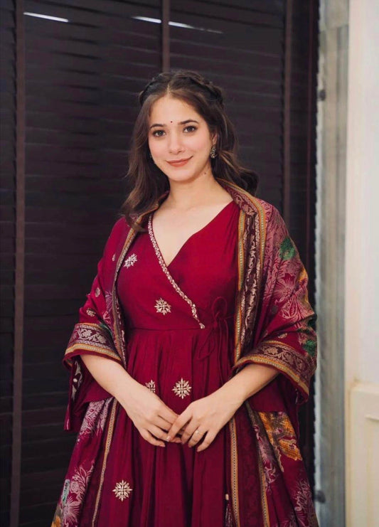 Sequence Embroidered Wine Colour Three Piece Gown Set