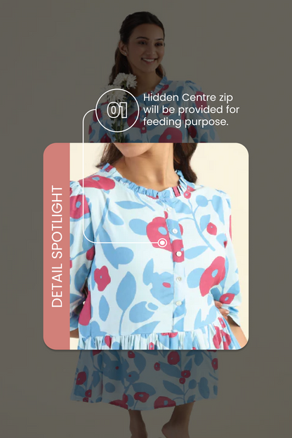 Fragmented Flowers Blue Printed feeding and maternity wear