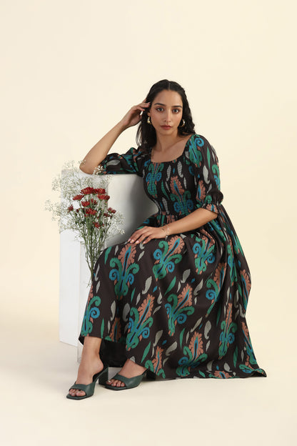 Green Smock Ikat Mirage Printed Viscose Dress