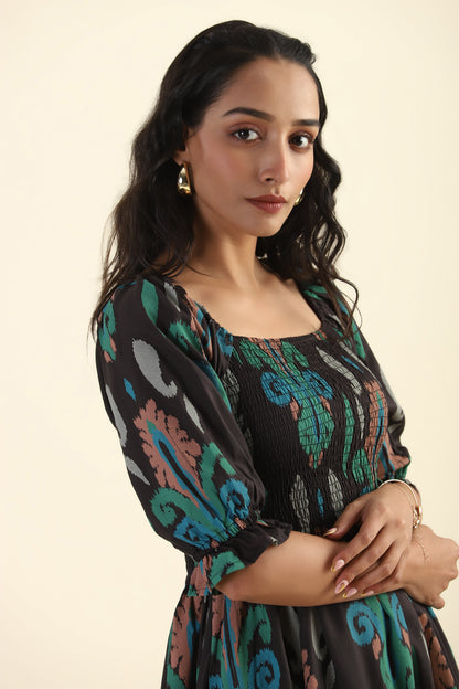 Green Smock Ikat Mirage Printed Viscose Dress