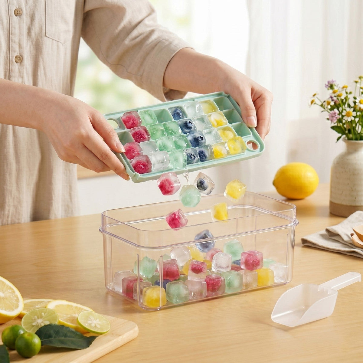 One Press Double Layer Ice Cube Tray With Bin And Scoop 2200ml