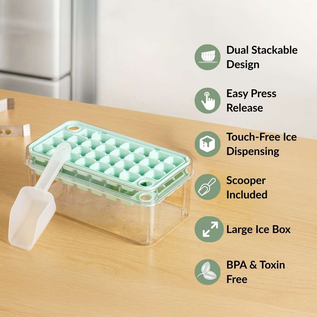 One Press Double Layer Ice Cube Tray With Bin And Scoop 2200ml