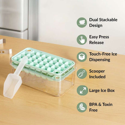 One Press Double Layer Ice Cube Tray With Bin And Scoop 2200ml