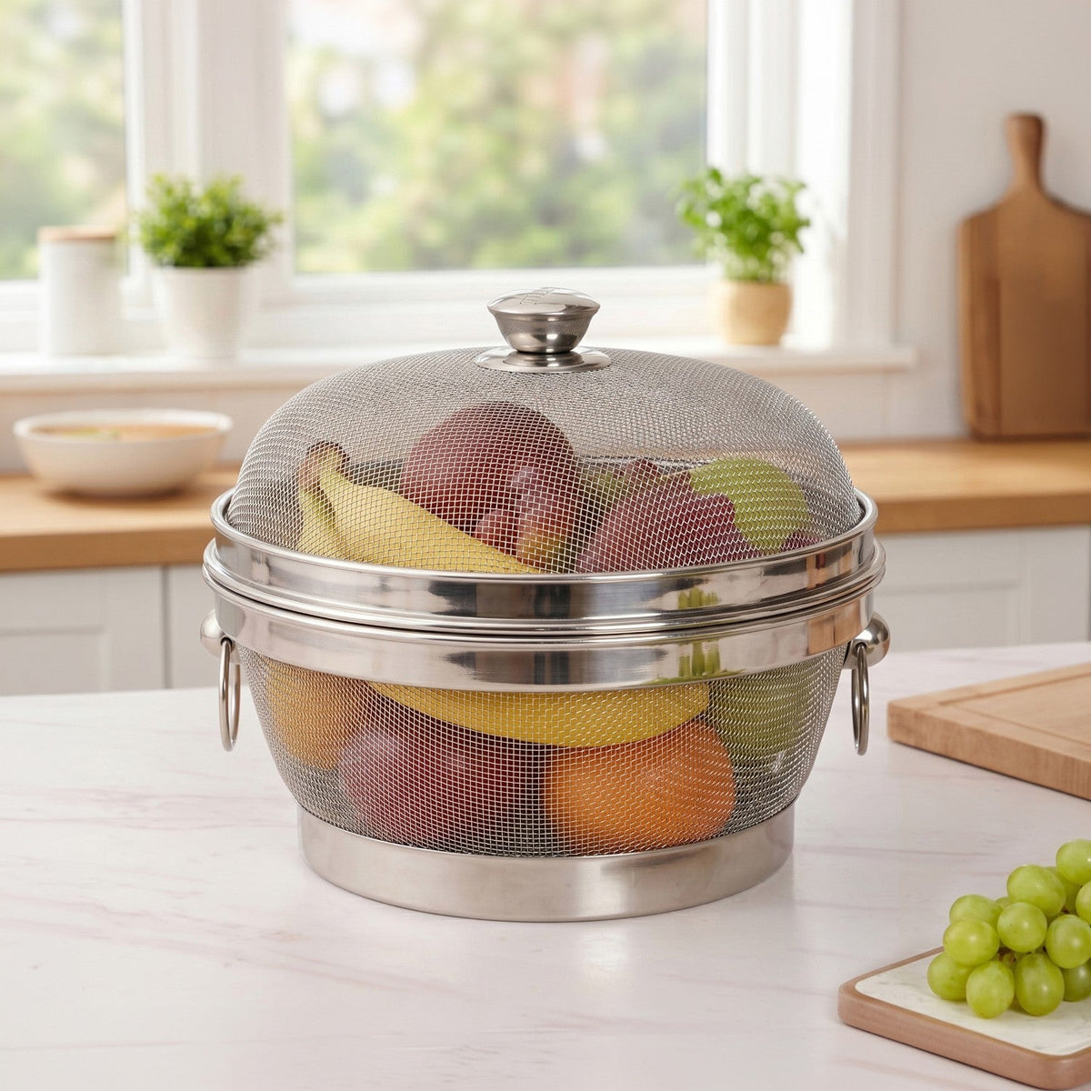 Stainless Steel Colander Mesh Fruit Basket With Lid