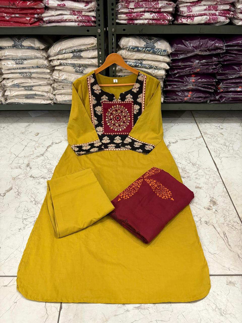 Mustard Arjakh Cotton Kurti Pant Dupatta Set – Thread & Lace
