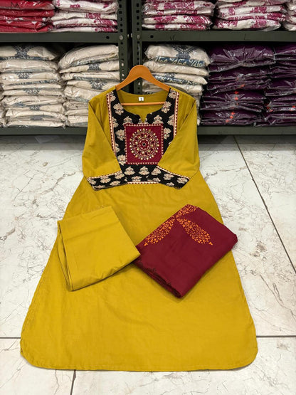 Mustard Arjakh Cotton Kurti Pant Dupatta Set – Thread & Lace