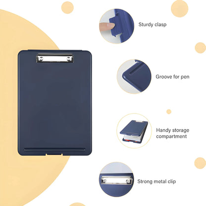 A4 size plastic clipboard with a built-in storage box.