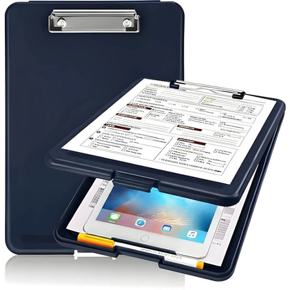 A4 size plastic clipboard with a built-in storage box.