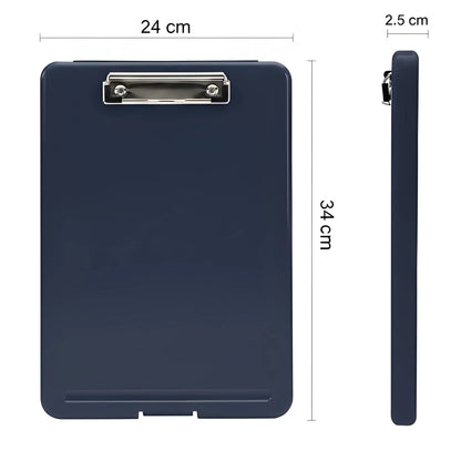 A4 size plastic clipboard with a built-in storage box.