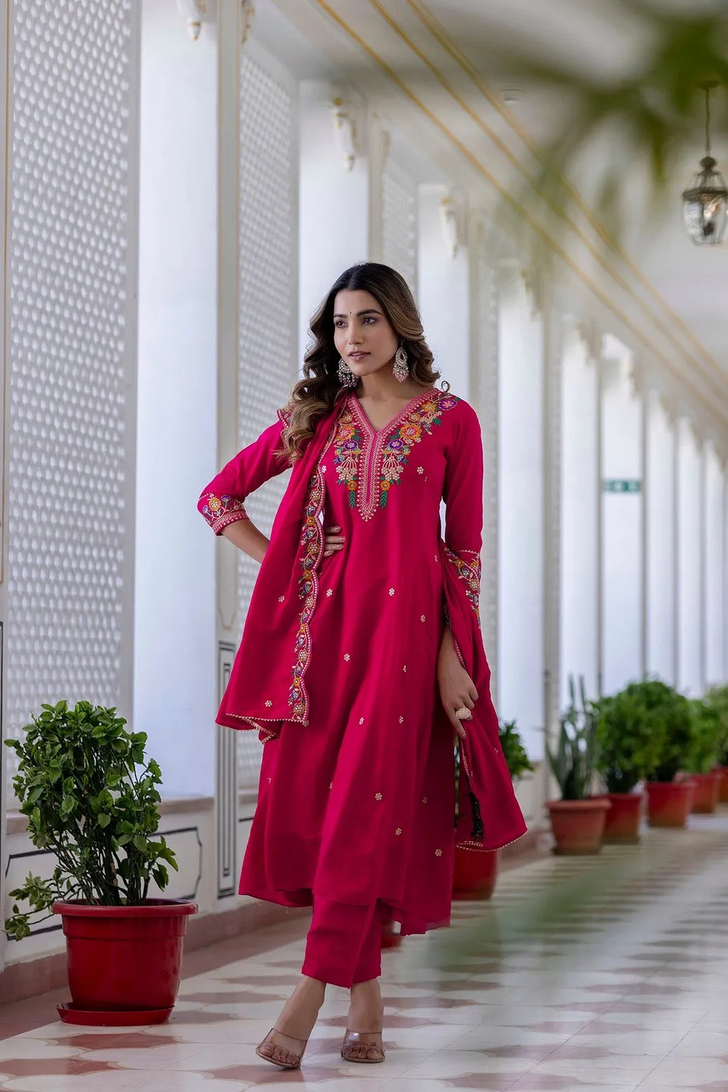 Pink Vichitra Silk Embroidered Straight Kurta With Rayon Pant