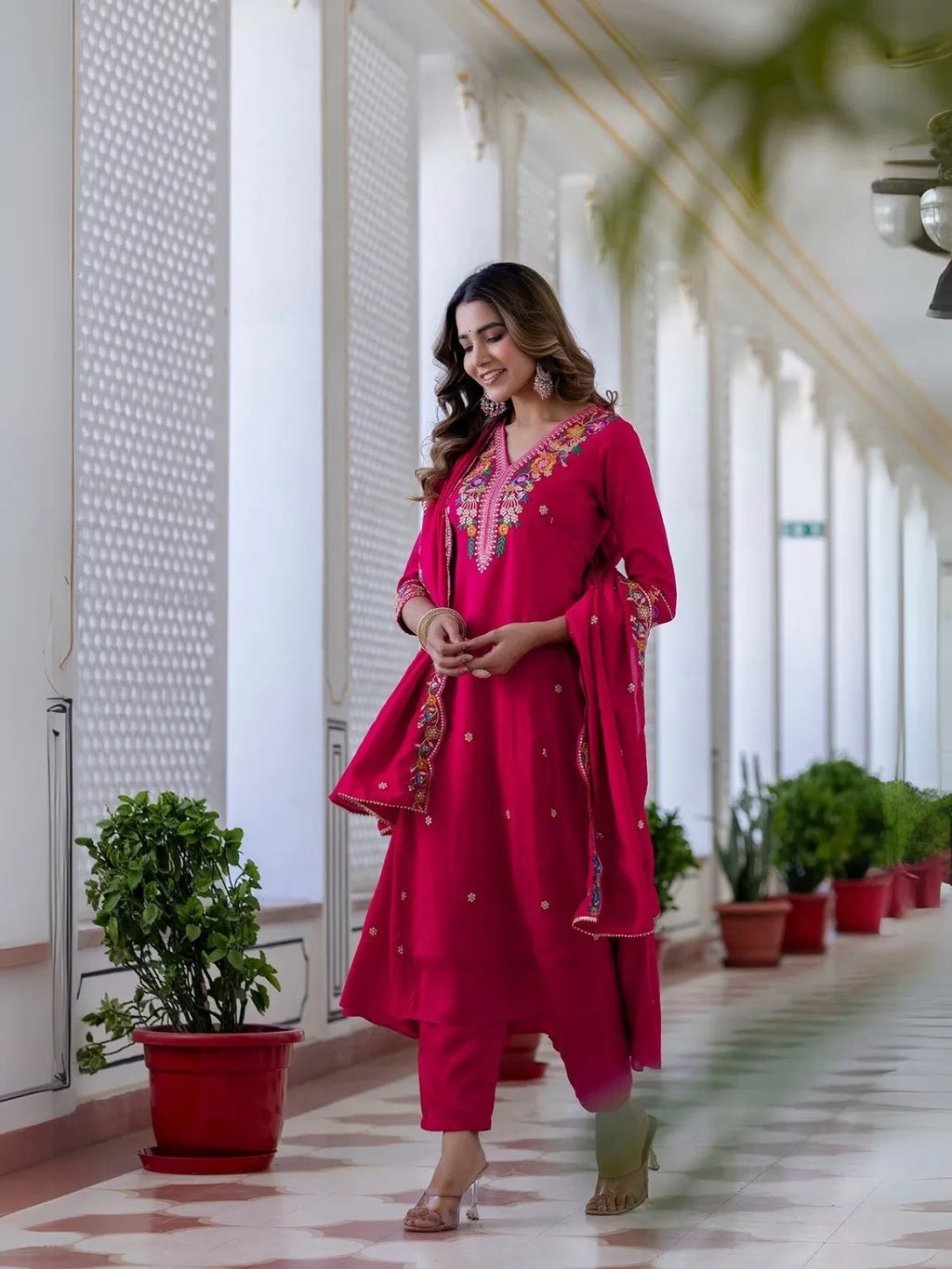 Pink Vichitra Silk Embroidered Straight Kurta With Rayon Pant