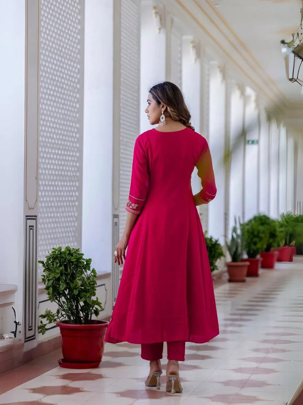 Pink Vichitra Silk Embroidered Straight Kurta With Rayon Pant