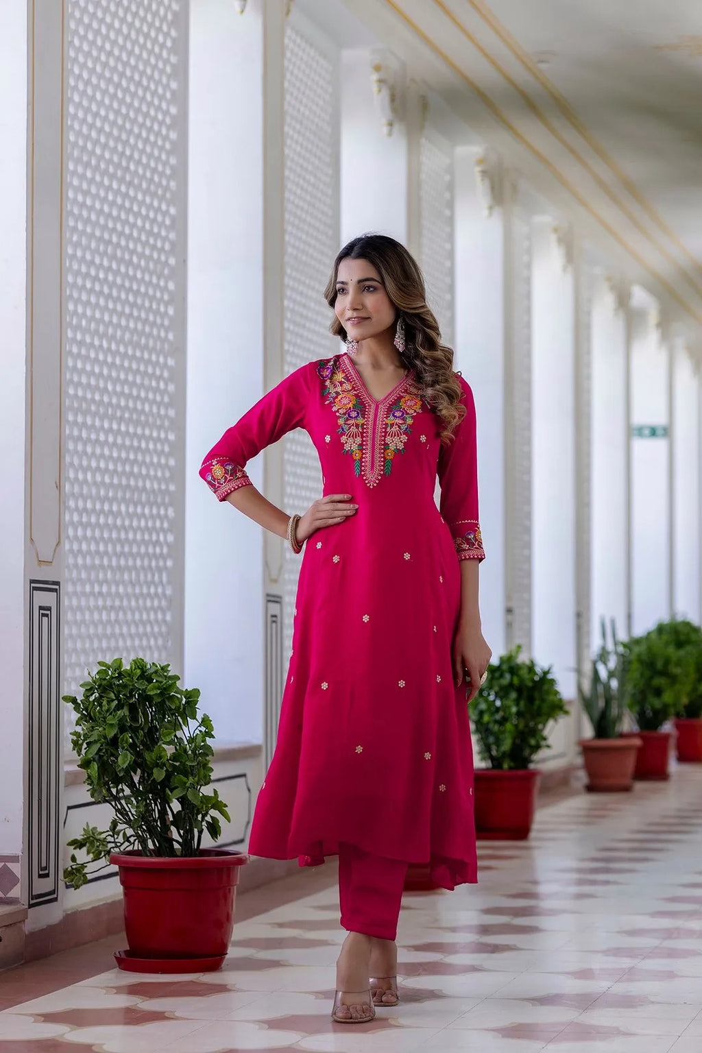 Pink Vichitra Silk Embroidered Straight Kurta With Rayon Pant