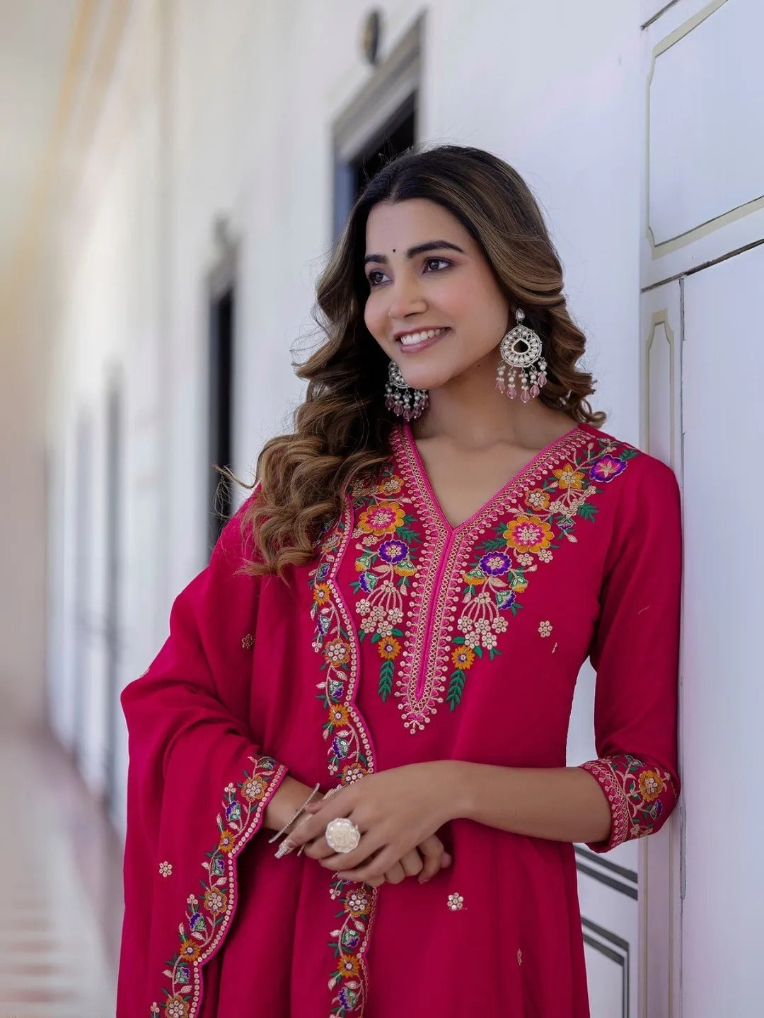 Pink Vichitra Silk Embroidered Straight Kurta With Rayon Pant