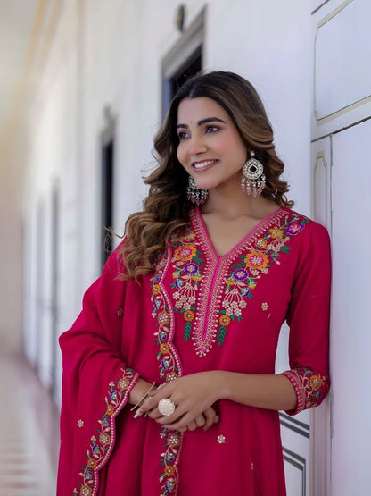 Pink Vichitra Silk Embroidered Straight Kurta With Rayon Pant