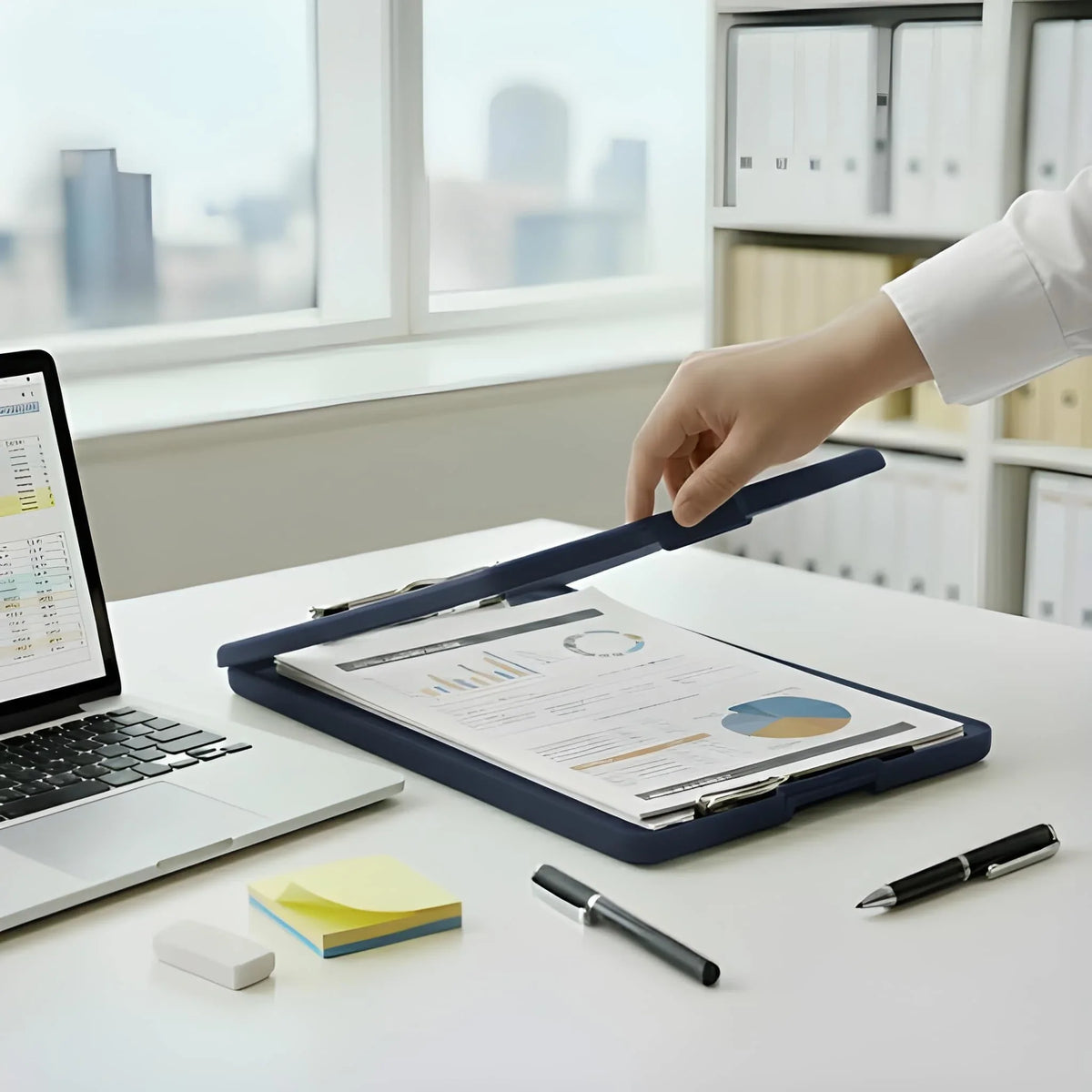 A4 size plastic clipboard with a built-in storage box.