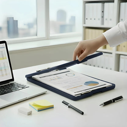 A4 size plastic clipboard with a built-in storage box.