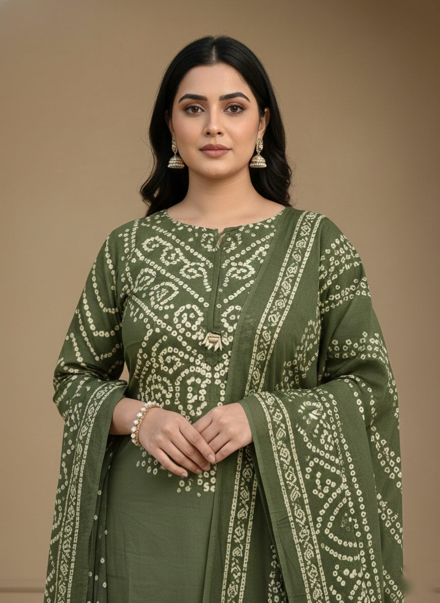 Amayra Cotton Kurta Embroidery Work Kurti Pant And Dupatta -Green