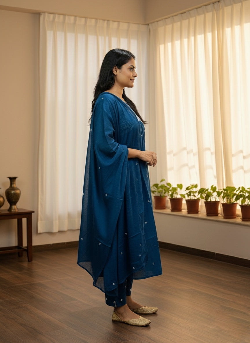 Mul Mul Cotton Suit For Women BLU