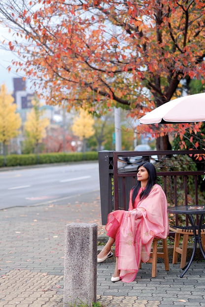 Tavira Pink 3 piece Tussar Silk Blend Printed Kurta with Pant & Dupatta