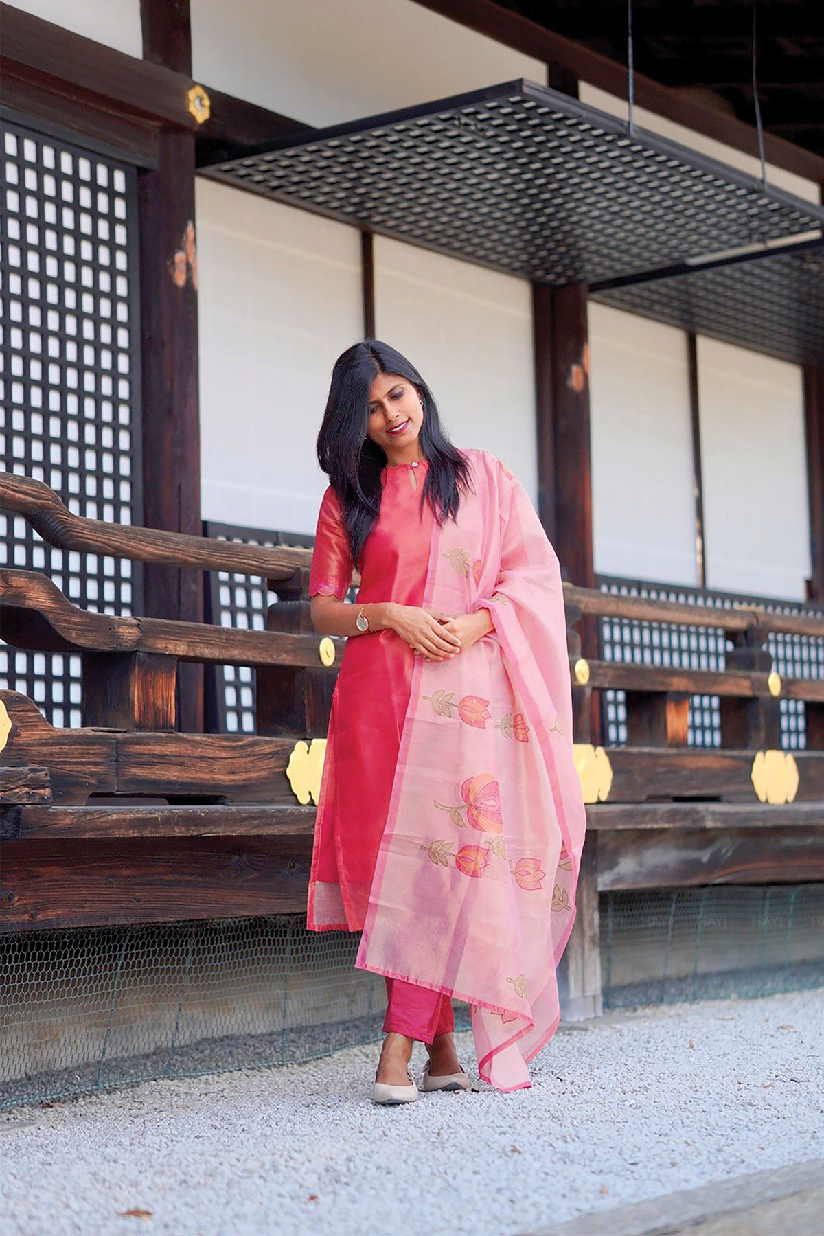 Tavira Pink 3 piece Tussar Silk Blend Printed Kurta with Pant & Dupatta