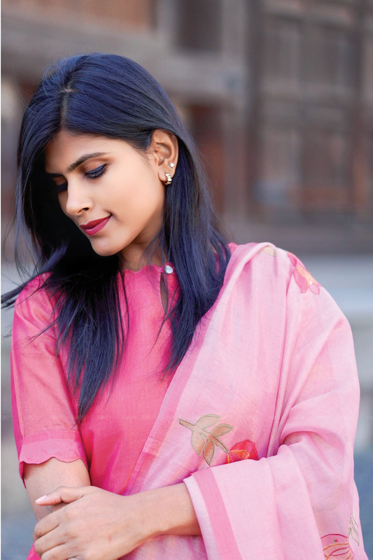 Tavira Pink 3 piece Tussar Silk Blend Printed Kurta with Pant & Dupatta