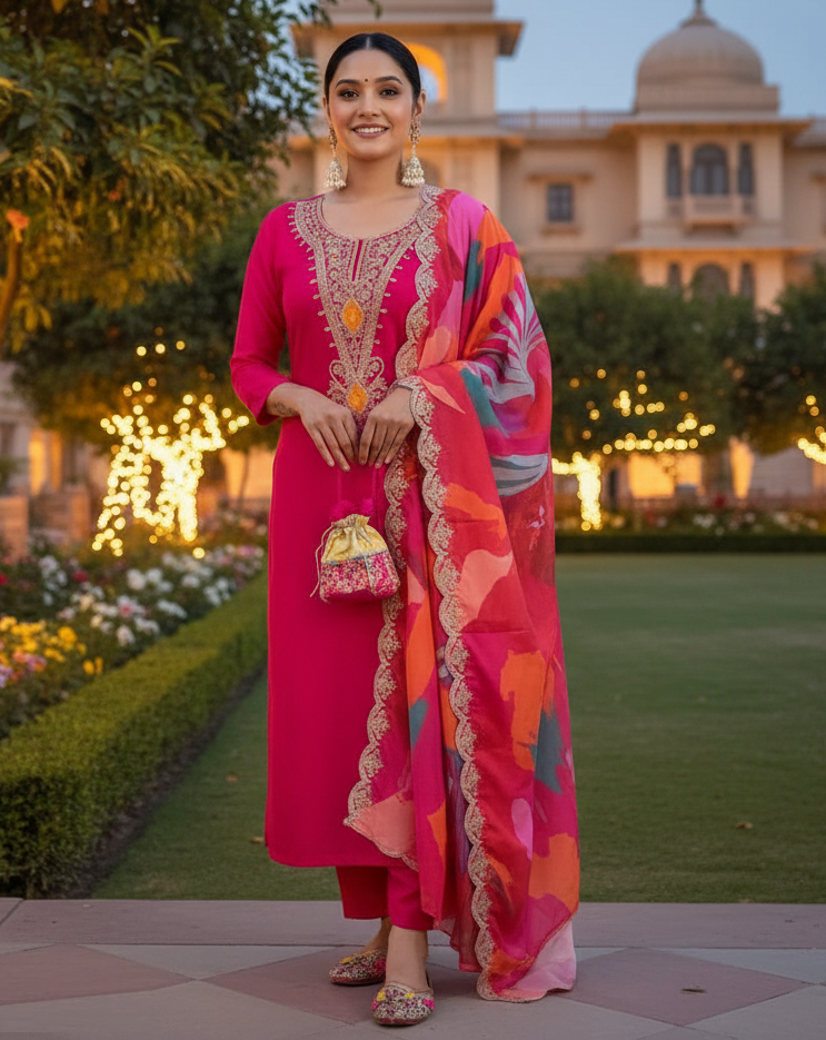 Women's Red Viscose Silk Embroidered Straight Kurta